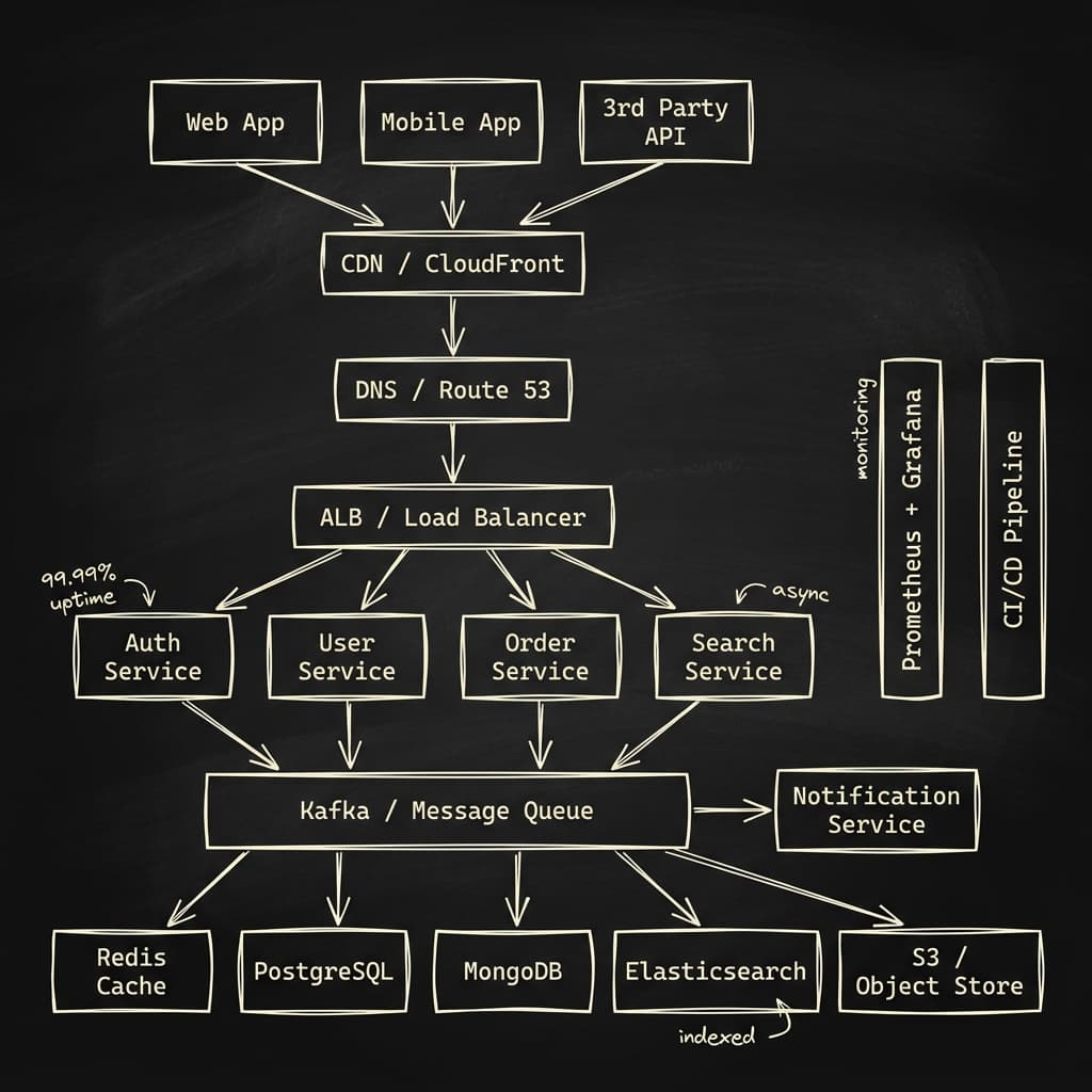 Hand-drawn HLD diagram showing Client → ALB/Gateway → beingsde-core → Redis Cache & MongoDB
